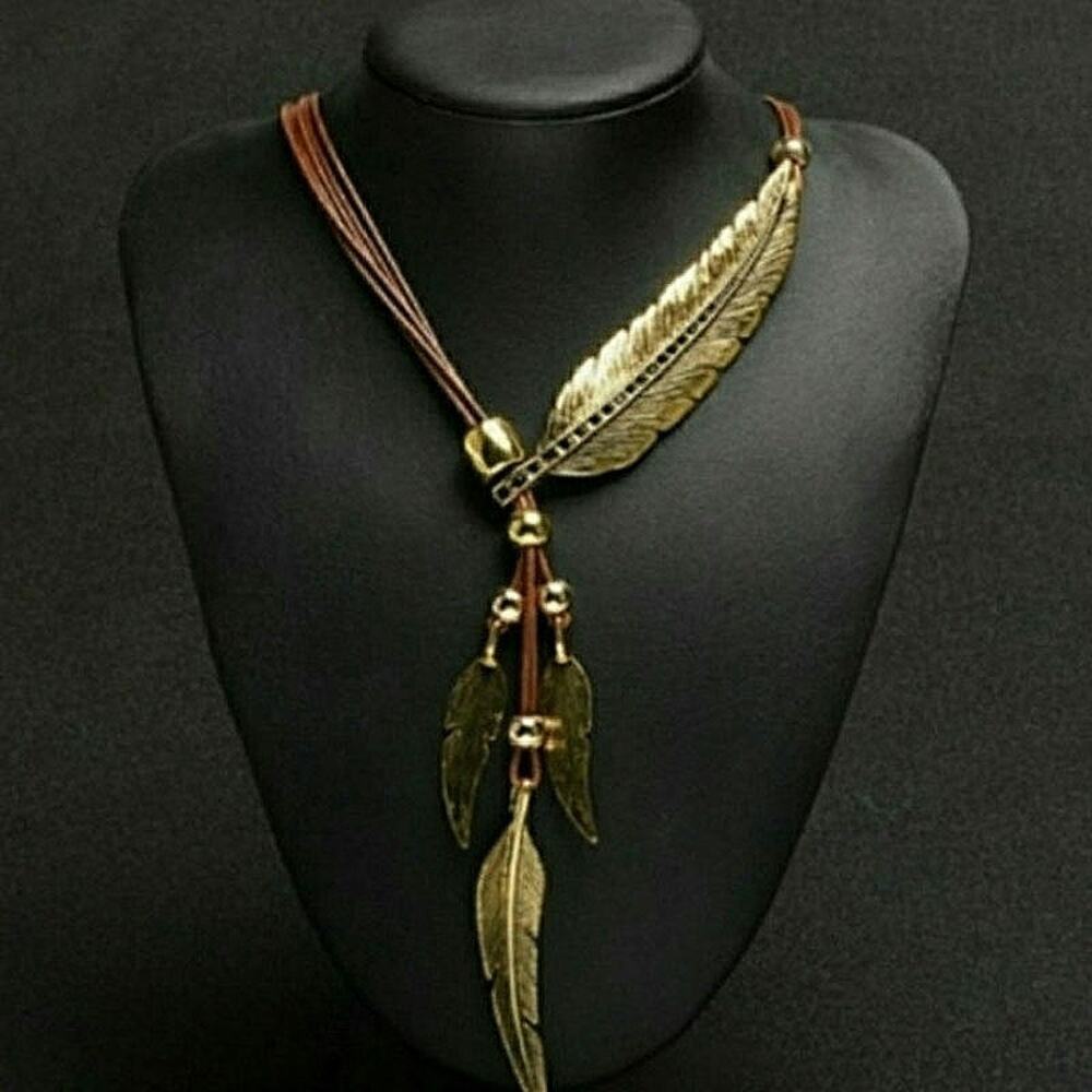 Wayfarer's Quill Gold Feather Boho Rhinestone Necklace